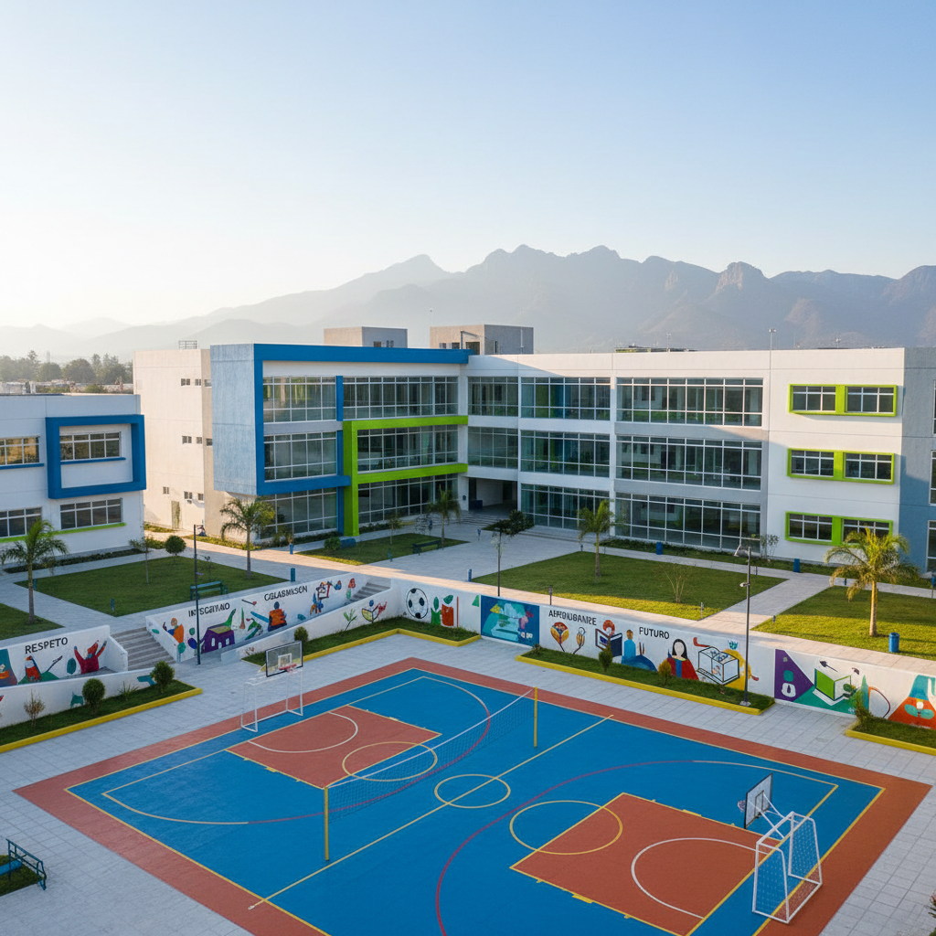 A modern Mexican school campus courtyard in Monterrey, seen without any people, featuring a contemporary three-story academic building with white and light-gray façades, accents in vibrant blue and green, and large glass windows reflecting a clear morning sky. The courtyard showcases a well-marked multi-sport court, manicured green areas, and colorful educational murals emphasizing values and integral education. Soft early daylight casts gentle shadows along the walkways, creating a calm, professional atmosphere. Captured in photographic realism from a slightly elevated angle, the composition uses sharp focus throughout, highlighting the organized, safe, and clean environment, with the mountains of Monterrey subtly visible in the distant background.