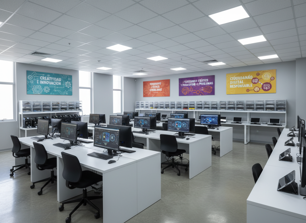 A dedicated innovation and technology lab in a Monterrey school, devoid of any people, featuring rows of sleek computers on white workstations, robotics kits neatly organized in transparent bins, and tablets resting on charging docks. The walls display colorful posters about creativity, critical thinking, and digital citizenship in Spanish. Cool, even LED ceiling lights combine with subtle natural light from side windows, creating a balanced, professional illumination with minimal shadows. Captured in photographic realism from a slightly elevated corner perspective, the composition follows the rule of thirds, emphasizing depth along the rows of equipment. The overall mood is dynamic yet orderly, showcasing a cutting-edge, integral education environment focused on preparing students for the future.