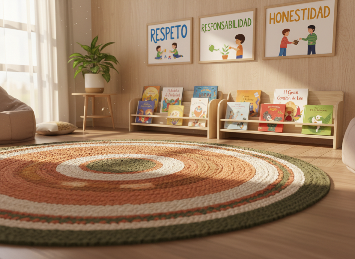 A serene school values and reflection corner, carefully arranged without any people, featuring a circular rug in warm earth tones, low wooden bookshelves with storybooks about ethics and empathy, and a prominent wall display of illustrated core values in Spanish such as respeto, responsabilidad, and honestidad. A small indoor plant in a simple white pot adds a touch of nature, while soft afternoon light filters through a nearby window, creating gentle, elongated shadows and a warm, inviting glow. Photographic realism captures the scene at a slightly low angle with shallow depth of field, keeping the value words and textures of the rug in sharp focus while subtly blurring the background, reinforcing a calm, reflective, and integral education atmosphere.