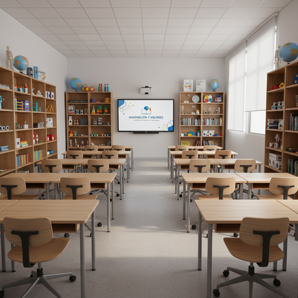 A bright, organized classroom designed for preescolar, primaria y secundaria, shown completely empty, with rows of modern light-wood desks and ergonomic chairs facing a large interactive digital whiteboard. Shelves line the side walls, filled with neatly arranged colorful educational materials, science models, and books about innovation and values. Large windows allow diffused midday sunlight to bathe the room, creating soft highlights on the polished tile floor and casting gentle, orderly shadows. The photographic realism image is shot at eye level with a wide-angle lens, maintaining sharp focus and a clean, professional look that emphasizes an atmosphere of academic excellence, safety, and future-ready learning.