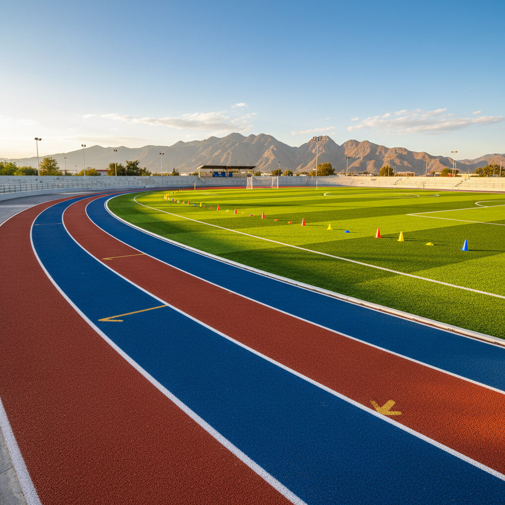 An outdoor sports and wellness area of a Monterrey school, entirely empty, showcasing a vibrant multi-lane running track bordering a synthetic turf soccer field, with clearly painted lines and colorful cones neatly arranged for training. Beyond the field, a backdrop of low mountains and clear blue sky reinforces the regional setting. Late afternoon golden hour light casts long, soft shadows across the track and field, emphasizing textures of the turf and rubber surface. The photographic realism image is captured from a low-angle sideline perspective, creating strong depth and dynamic diagonal lines. The mood is energetic yet disciplined, highlighting the school’s commitment to holistic, integral development through physical education and healthy habits.