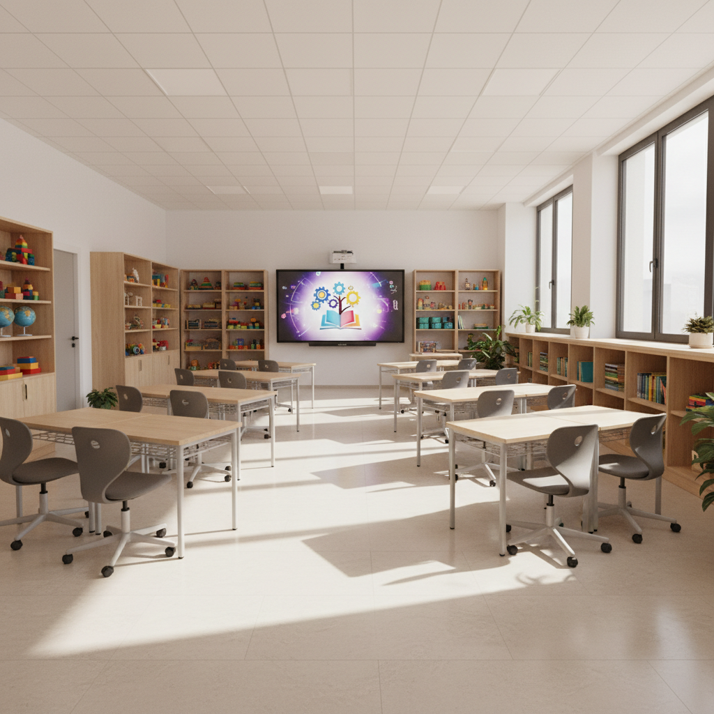 A bright, organized classroom designed for preescolar, primaria y secundaria, shown completely empty, with rows of modern light-wood desks and ergonomic chairs facing a large interactive digital whiteboard. Shelves line the side walls, filled with neatly arranged colorful educational materials, science models, and books about innovation and values. Large windows allow diffused midday sunlight to bathe the room, creating soft highlights on the polished tile floor and casting gentle, orderly shadows. The photographic realism image is shot at eye level with a wide-angle lens, maintaining sharp focus and a clean, professional look that emphasizes an atmosphere of academic excellence, safety, and future-ready learning.